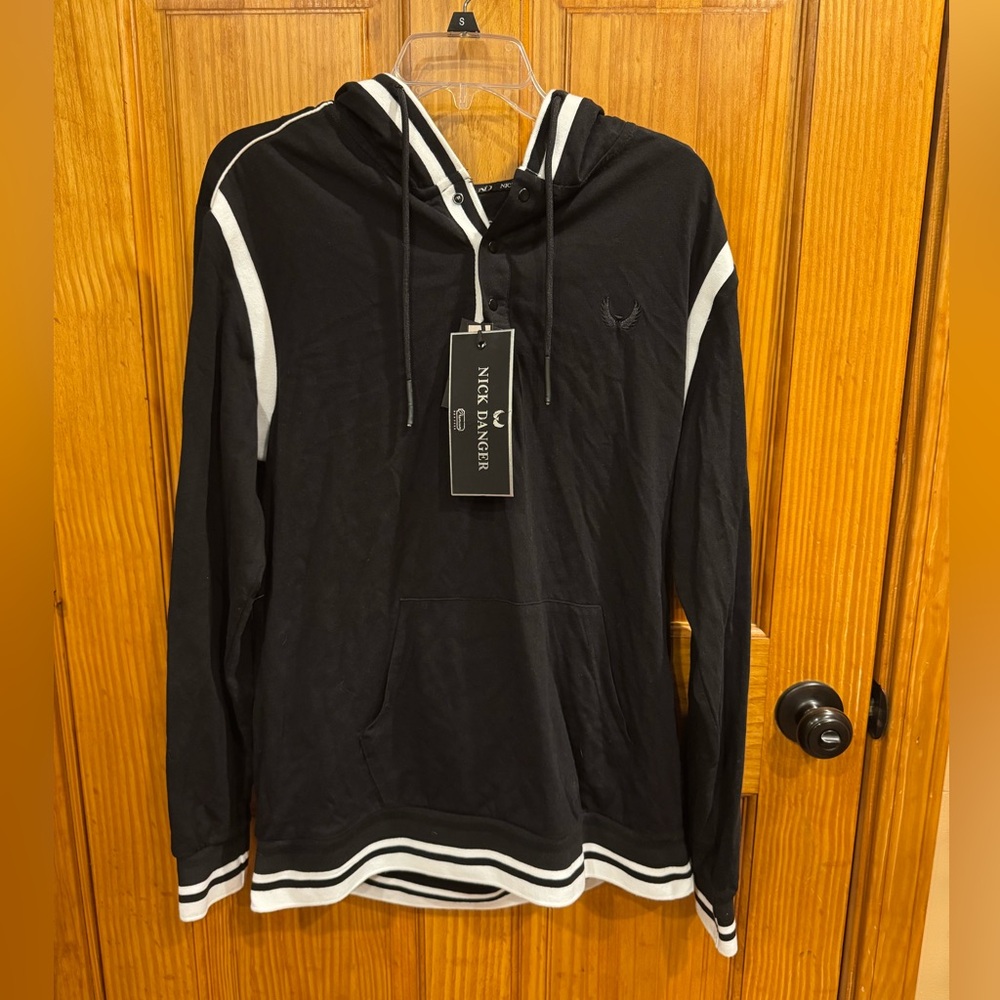 NWT Nick Danger Black & White Long Sleeve Lightweight Hoodie Sweatshirt, XL